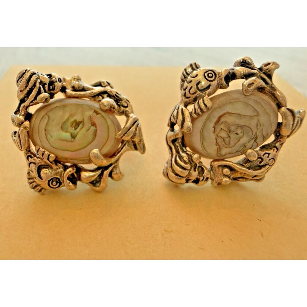 Vintage 1950s CYVRA Plympton Mermaid Earrings Sterling Silver Abalone Screw Back